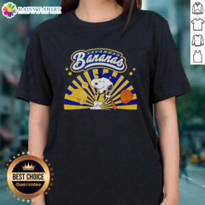Original Snoopy Savannah Bananas baseball dog in batting stance on ladies tee, perfect for fans and casual wear.