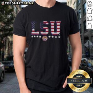 Premium LSU Tigers Tall Type Flag T-Shirt featuring vibrant team colors and logo, perfect for fans and game day attire.