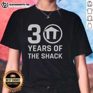 Original 30 Years of The Shack logo on a stylish ladies tee, celebrating a milestone in fashion and brand history.