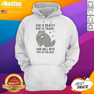 Alt Text: Stylish hoodie featuring a raccoon design with the phrase She Is Beauty, She Is Trash for trendy animal lovers.