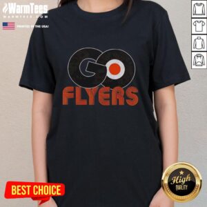 Philadelphia Flyers ice hockey logo on a women's tee, perfect for fans. Let's Go Flyers!
