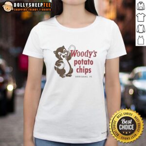 Official Woody's Potato Chips ladies' tee from Harrisburg, PA, featuring a stylish design perfect for fans and casual wear.