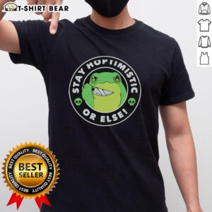 Pretty frog holding a knife on a 'Stay Hoptimisti Or Else' funny t-shirt design, perfect for quirky fashion lovers.