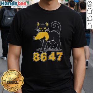 Nice Black Cat 8647 Anti Trump T-Shirt featuring a playful cat design and bold anti-Trump message in vibrant colors.