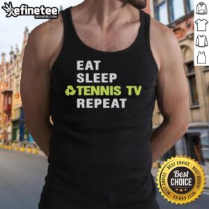 Alt Text: Hot Sports Viewer Eat Sleep Tennis TV Repeat Court Logo Tank Top showcasing a fun tennis-themed design for fans.