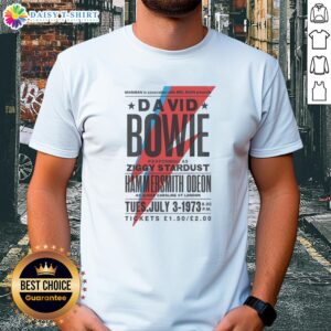 Original David Bowie performing as Ziggy Stardust at Hammersmith Odeon, featured on a vintage T-shirt design.