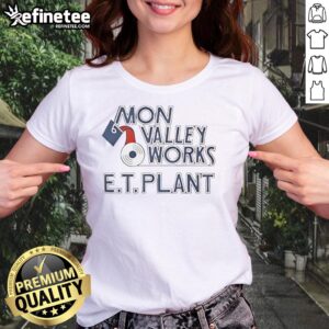 Alt Text: Premium Mon Valley Works E.T. Plant molten metal pour on a stylish ladies tee showcasing industrial artistry.