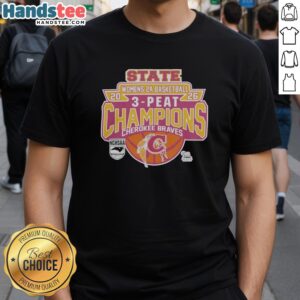 Official Cherokee Braves 2026 NCHSAA Women's 2A Basketball State Champions T-Shirt featuring team logo and vibrant design.