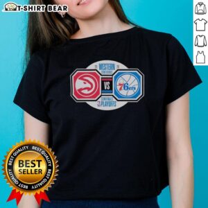 Alt Text: Ladies tee featuring Atlanta Hawks vs. Philadelphia 76ers 2026 NBA Playoffs Western Conference Semifinals design.
