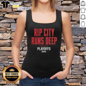 2026 Portland Trail Blazers 'Rip City Runs Deep' tank top showcasing team spirit for playoffs.