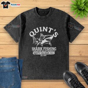 Premium Quints Shark Fishing Charter Boat Service t-shirt featuring Great White Shark, established 1975, Amity Island.