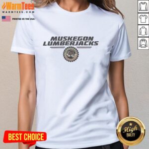 Alt Text: Original Muskegon Lumberjacks NHL cogwheel logo on a stylish ladies tee, perfect for hockey fans and casual wear.