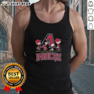 Alt Text: Snoopy, Charlie Brown, Linus, and Lucy in Arizona Diamondbacks baseball jersey tank tops, celebrating team spirit.
