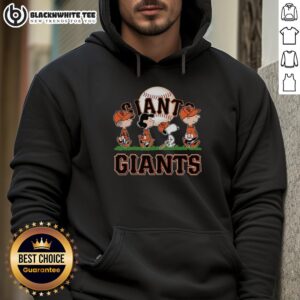 Alt Text: Snoopy, Charlie Brown, Linus, and Lucy in San Francisco Giants baseball jerseys and hoodies, celebrating baseball spirit.