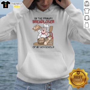 Alt Text: Stylish hoodie with 'I'm the Primary Breadloser of My Household' graphic, perfect for casual wear and expressing humor.