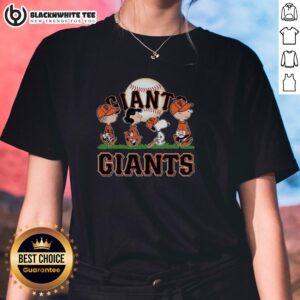 Cute Snoopy, Charlie Brown, Linus, and Lucy in San Francisco Giants baseball jerseys on a ladies tee shirt.
