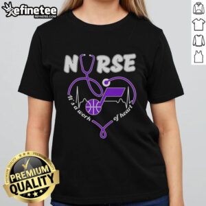 Original Utah Jazz Nurse It's A Work Of Heart tee with stethoscope-shaped heart design for ladies.