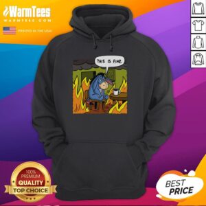 Alt Text: Original Stuffed Donkey This Is Fine meme hoodie featuring a playful design perfect for casual wear.