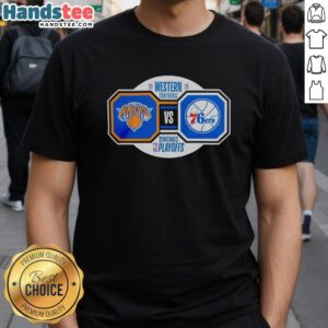 Original New York Knicks vs Philadelphia 76ers 2026 NBA Playoffs Semifinals T-Shirt featuring team logos and vibrant colors.