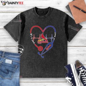 Alt Text: St. Louis Cardinals stethoscope heartbeat design on a washed t-shirt, perfect for sports fans and healthcare workers.