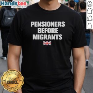 Official Pensioners Before Migrants UK flag T-shirt featuring vibrant flag design and bold text for patriotic statement.
