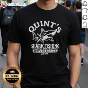 Original Quint's Shark Fishing Charter Boat Service Amity Island T-Shirt featuring a Great White Shark design, Est. 1975.