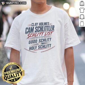 Original Clay Holmes Cam Schlittler T-Shirt featuring 'Good Schlitt Holy Schlitt' design, perfect for fans and collectors.