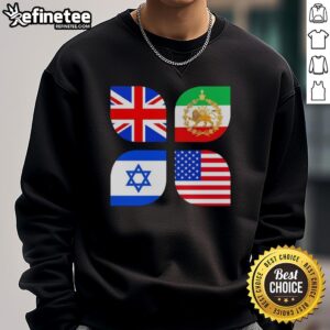 Alt Text: Premium Union Jack, Iran, Israel, and USA flag sweatshirt showcasing a unique design for patriotic fashion lovers.