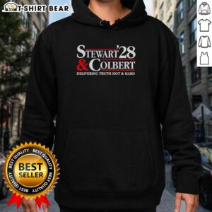 Nice Stewart Colbert 2028 hoodie featuring 'Delivering Truth Hot and Hard' slogan in bold, eye-catching design.