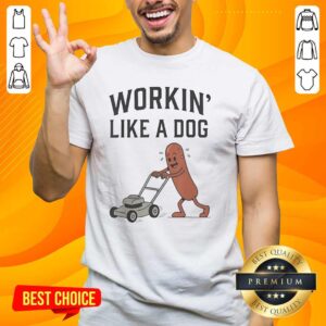 Alt Text: Premium Workin' Like A Dog hotdog work humor T-shirt featuring a playful graphic design for dog lovers and workers.