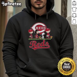 Snoopy, Charlie Brown, Linus, and Lucy in Cincinnati Reds baseball jerseys and hoodies, showcasing their team spirit.
