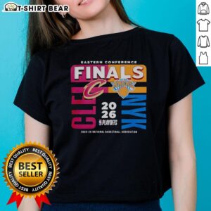 Alt Text: Cleveland Cavaliers vs New York Knicks 2025-26 Eastern Conference Finals Ladies Tee showcasing team spirit.