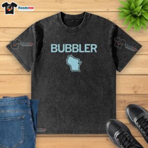 Nice Wisconsin Bubbler Map washed t-shirt featuring a colorful design of Wisconsin's iconic water fountains.