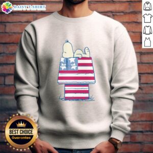 Patriotic Snoopy in a kennel on a Independence Day sweatshirt with Nice Peanuts design for festive celebrations.