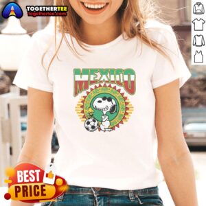 Alt Text: Top Peanuts Snoopy X Mexico Soccer Ladies Tee featuring Snoopy in a soccer jersey, perfect for fans and casual wear.