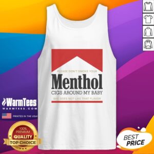 Mom in a red tank top asks smokers to avoid menthol cigarettes around her baby for health and comfort.