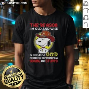 Good Cowboy Snoopy graphic tee with 'I'm Old and Wise Because God Protected Me' quote, perfect for nostalgic fans.