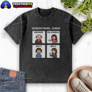 Pretty Generational Chaos t-shirt featuring Boomers, Millennials, Gen Z, and Gen X designs, perfect for casual wear.