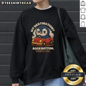 Alt Text: Cozy penguin sweatshirt with 'Rock Bottom' text, perfect for staying warm and stylish during chilly days.