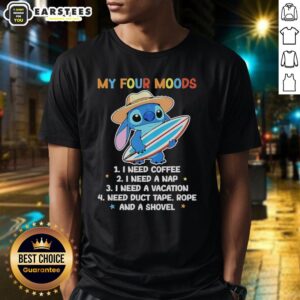Alt Text: Cute Stitch My Four Moods t-shirt featuring coffee, nap, vacation designs, perfect for casual wear lovers.