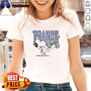 Top Peanuts Snoopy x France Soccer Ladies Tee featuring Snoopy in a soccer jersey, perfect for fans and casual wear.