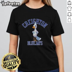 Alt Text: Funny Creighton Blue Jays grumpy mascot on a ladies tee, perfect for fans of the team looking for unique apparel.
