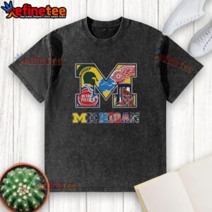 Nice Michigan Wolverines NCAA collage logo on a washed t-shirt, showcasing Michigan sports teams in a stylish design.