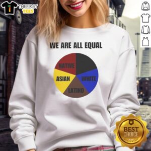 Top We Are All Equal sweatshirt featuring a diverse pie chart design representing Native, Asian, Latino, and White cultures.
