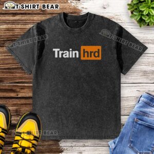 Top Train HRD logo parody on a washed t-shirt, featuring a playful design and vintage style for casual wear.
