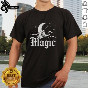 Alt Text: Original magic hand holding a wand in front of a crescent moon on a vintage T-shirt design.