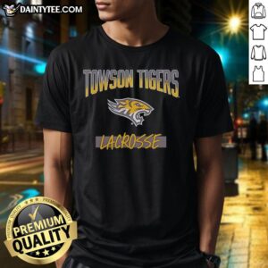 Vintage Towson Tigers X Lacrosse Hype V2 Logo T-Shirt featuring bold graphics and classic style for fans.