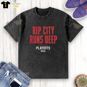 2026 Portland Trail Blazers Rip City Runs Deep playoffs washed t-shirt, featuring team colors and logo for fans.