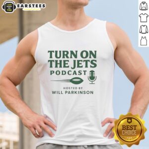 Alt Text: Pretty Turn On The Jets Podcast logo on a tank top, hosted by Will Parkinson, showcasing Jets-themed design.