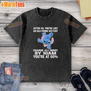 Cute Stitch t-shirt featuring a humorous quote about energy levels after 50, highlighting the old phone battery analogy.